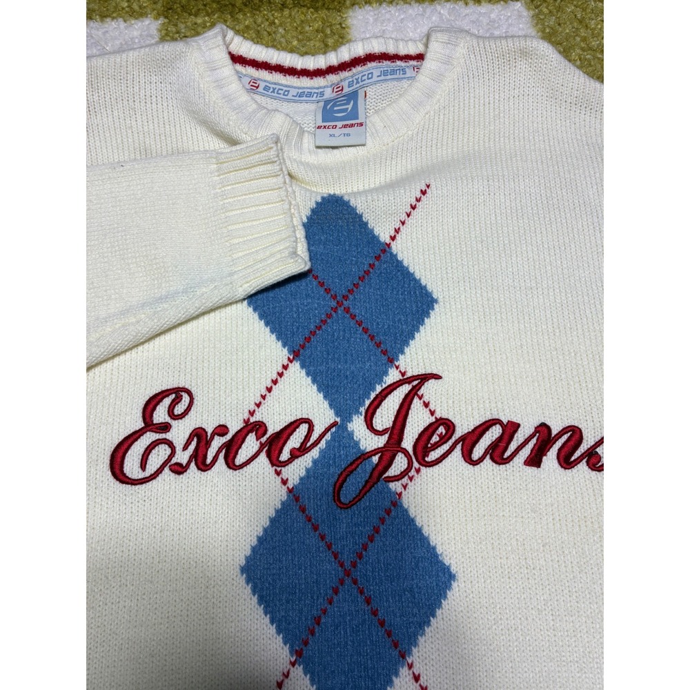 Vintage Exco Jeans Argyle Knit Sweater Off White Blue Red XL 280503 Streetwear - Picture 4 of 9